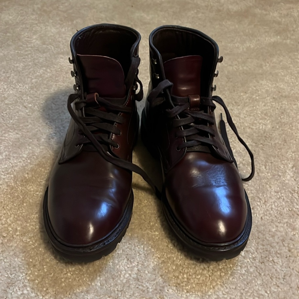 Allen Edmonds Higgins Mills Lug Soled Boots; 9EEE; Merlot - dark reddish brown.